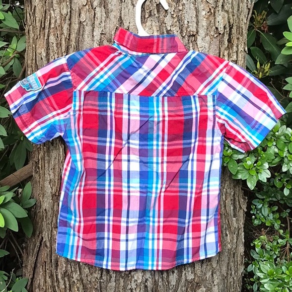 Quad Seven Boys Plaid Short Sleeves Button Up Down Shirt Red Blue Pockets Collar - Picture 5 of 10